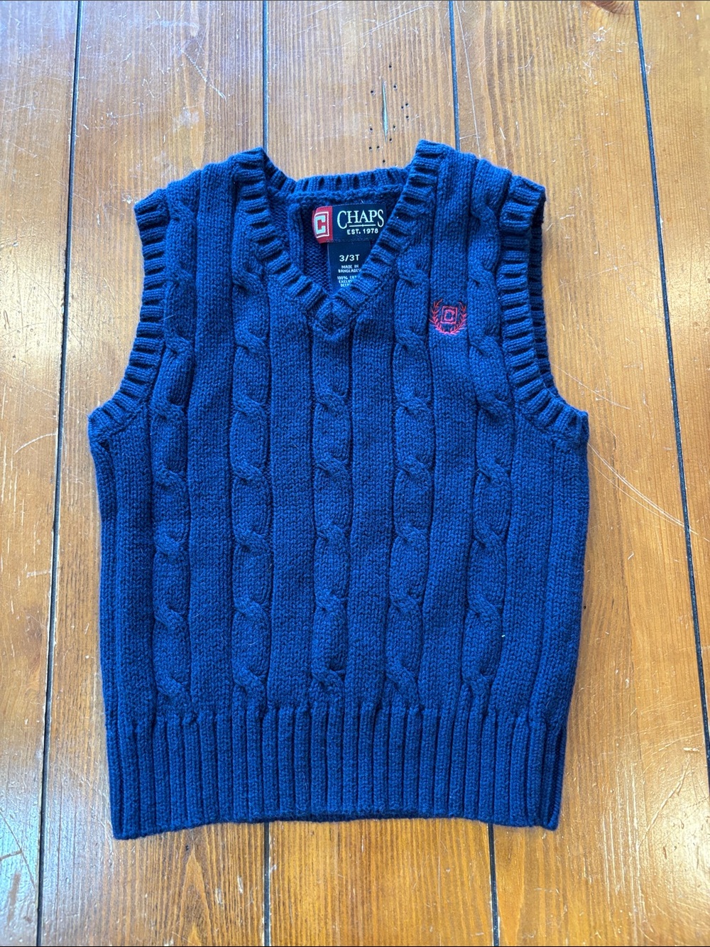 Chaps Navy Cable-Knit V-Neck Sweater Vest with Red Crest Boys 3/3T
